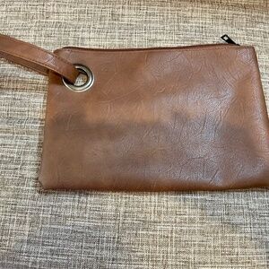Vegan Leather Hand Bag With Wrist Clutch, Large Zippar Inside Pocket, 2 Open
